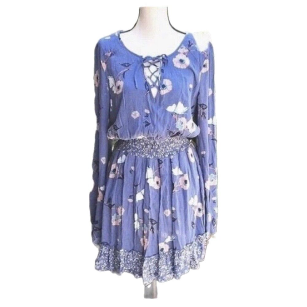 Shyanne Western Cowgirl Pastel Blue Floral Dress Size M Crinkle Long Sleeve